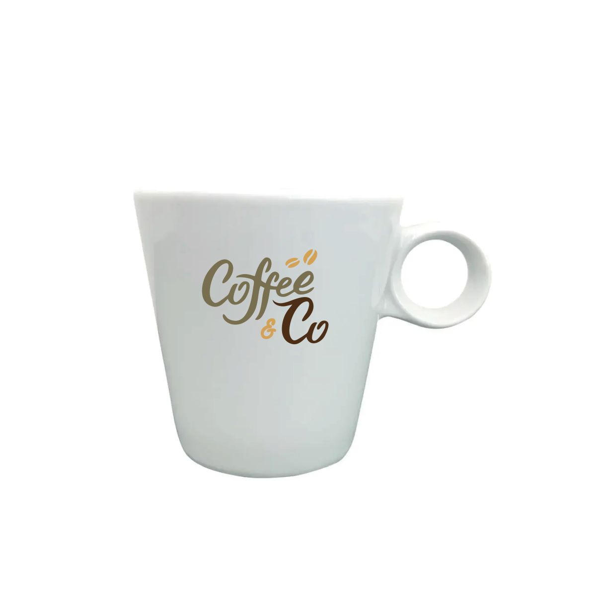 Voorzijde van de koffiekop met meerkleurig logo van CoffeeCo, gedrukt op het witte glas.
