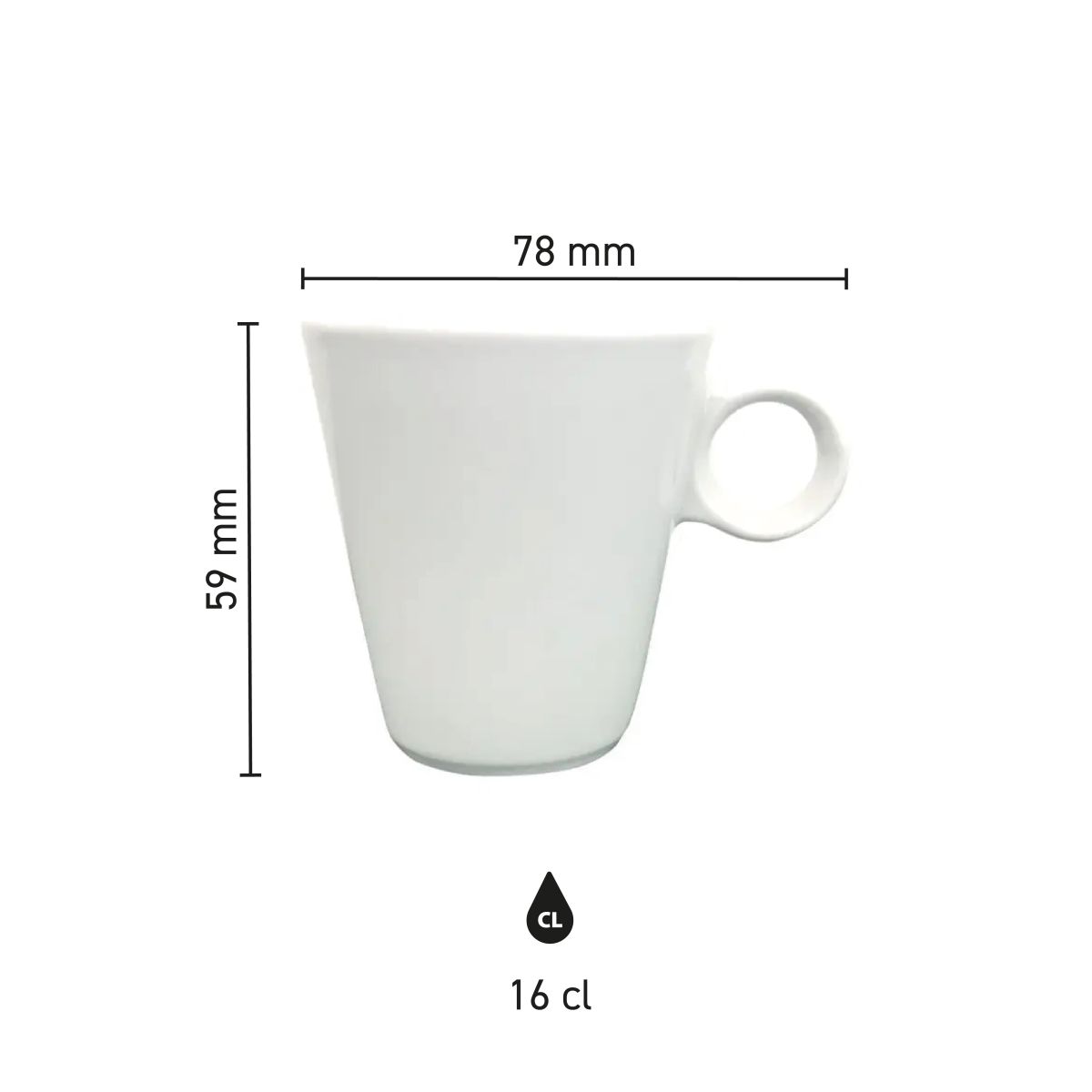 Infographic met productafmetingen van de Lukas koffiekop 16 cl, inclusief diameter en hoogte.