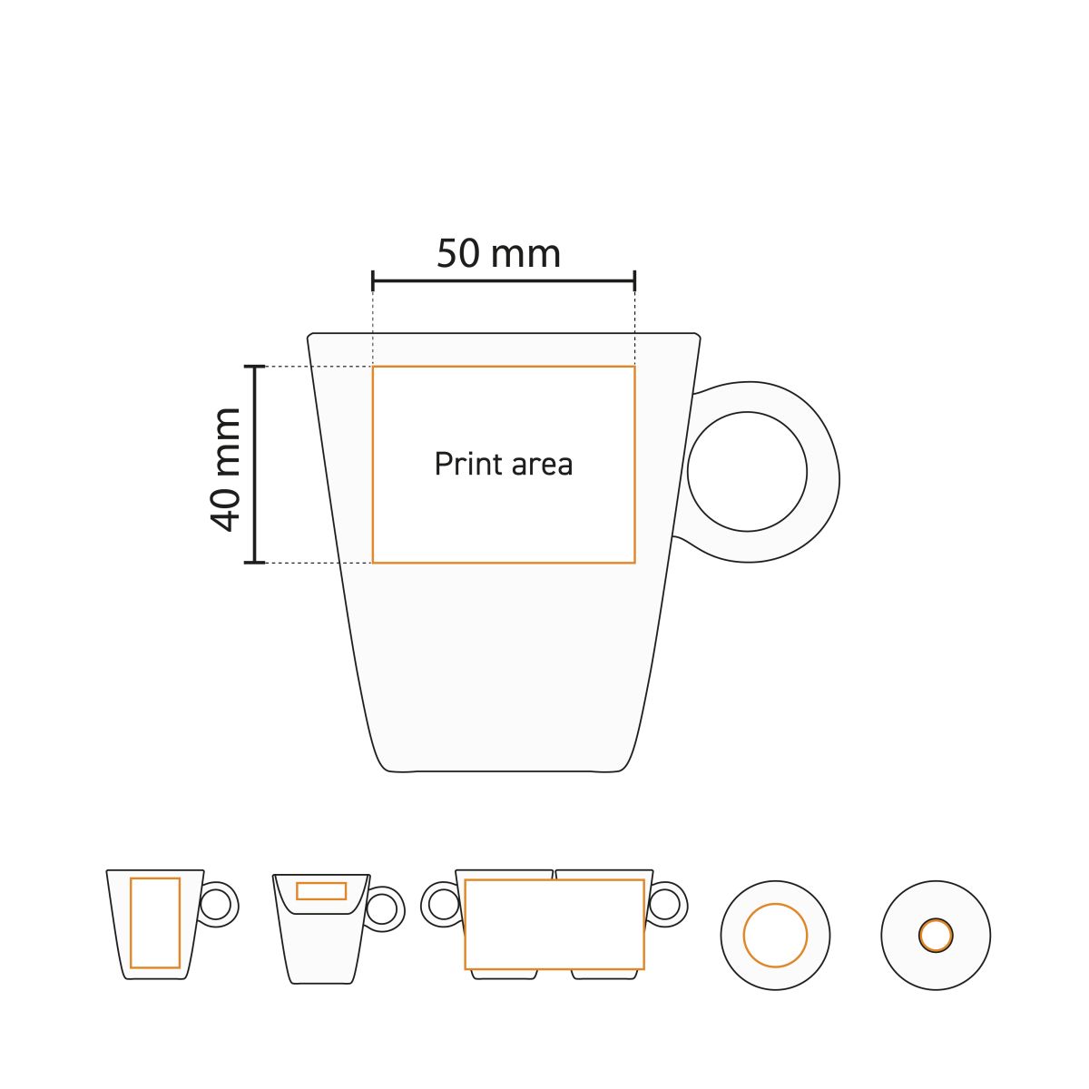 Technische werktekening met aanduiding van het drukgebied op de Lukas koffie wit 16 cl. set
