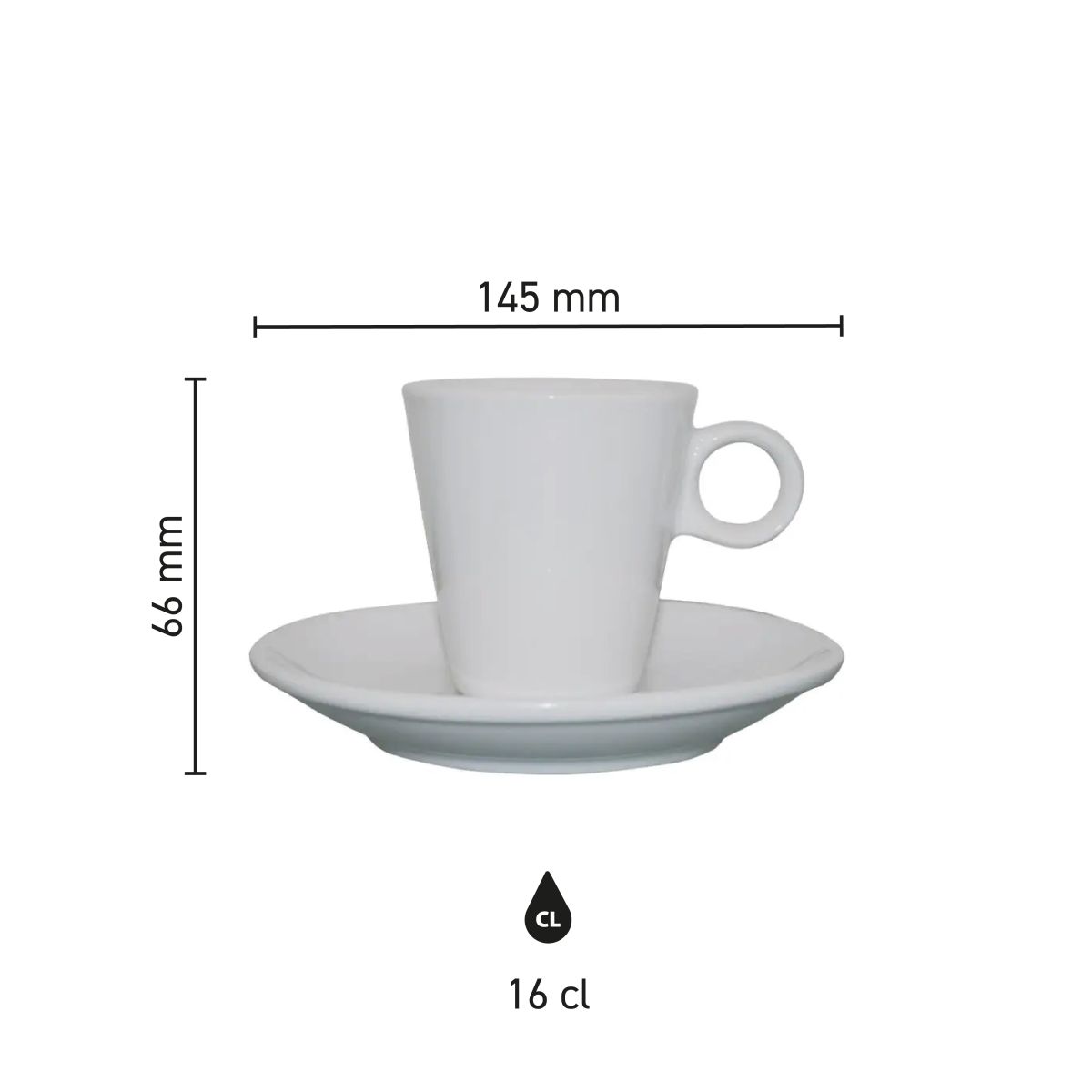 Infographic met de productafmetingen van de Lukas koffie wit 16 cl. set