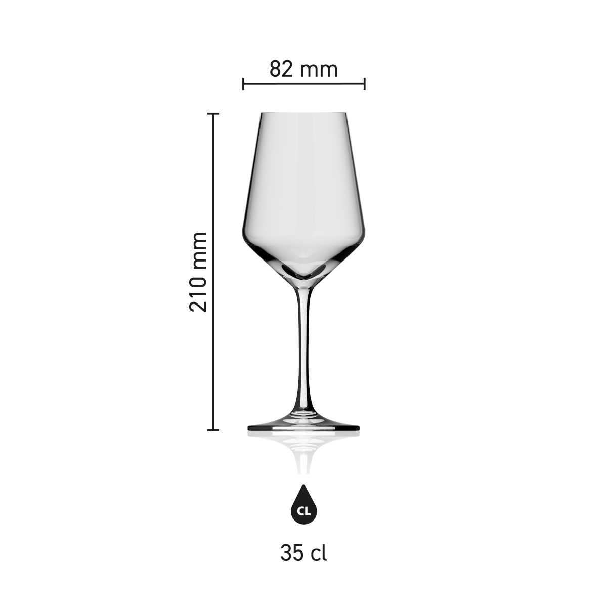 Infographic met afmetingen van het Melody wijnglas 35 cl, met hoogte en diameter in centimeters.