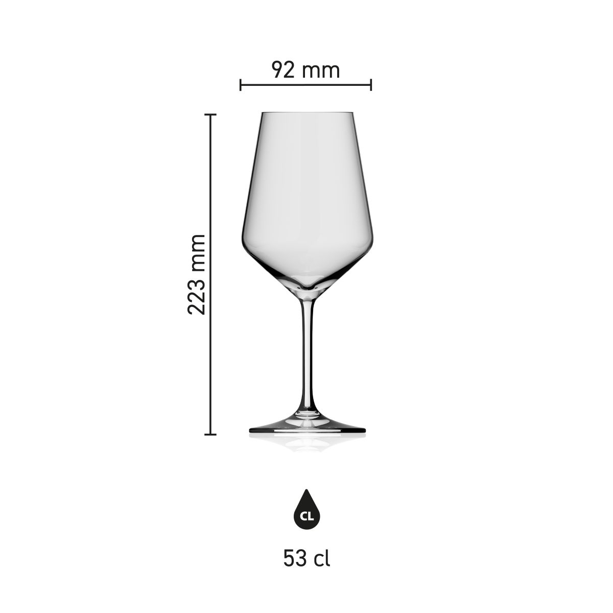 Infographic met afmetingen van Melody wijnglas 53 cl toont hoogte, diameter en inhoud.