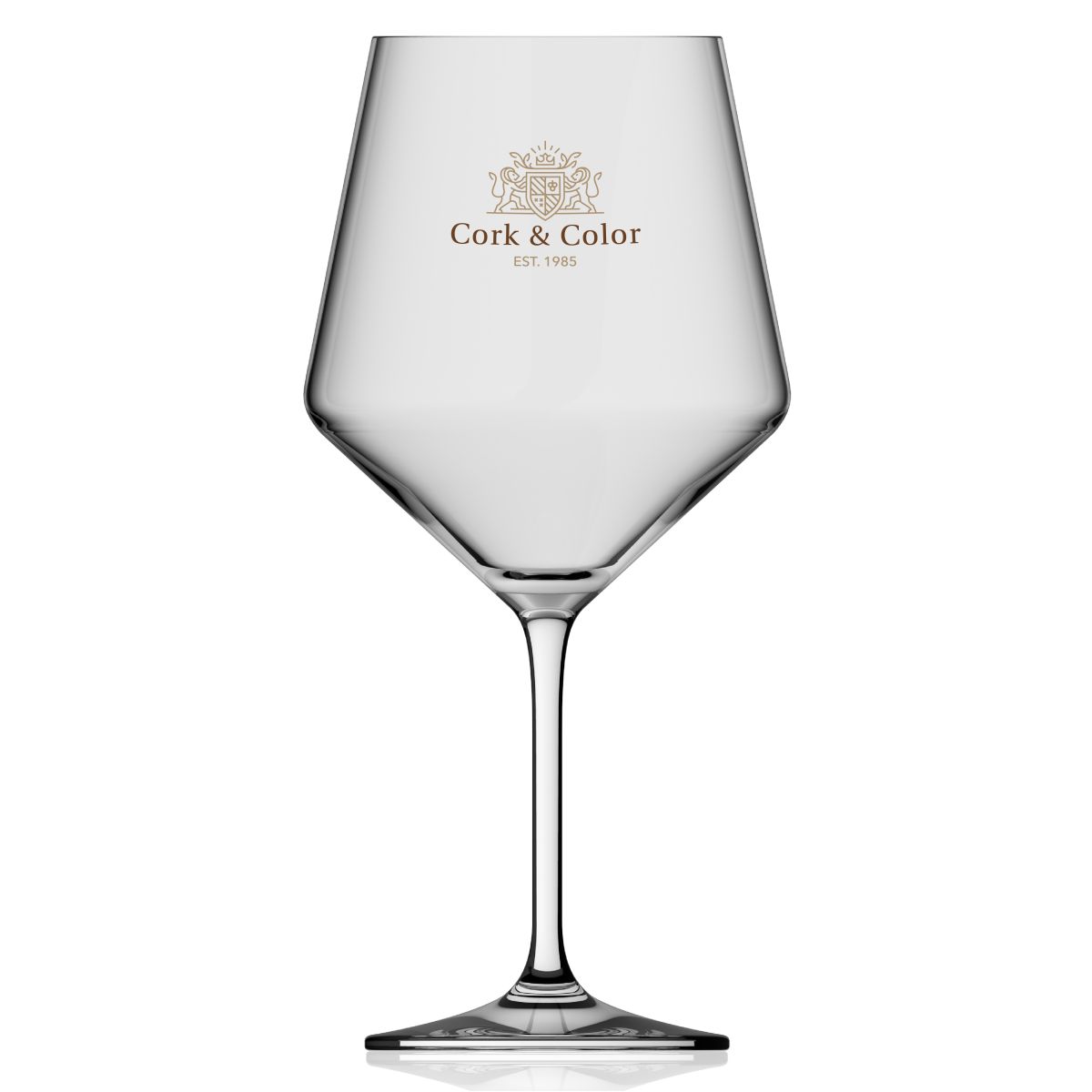 Vooraanzicht van Melody wijnglas 72 cl. met meerkleurige bedrukking van CorkColor-logo.