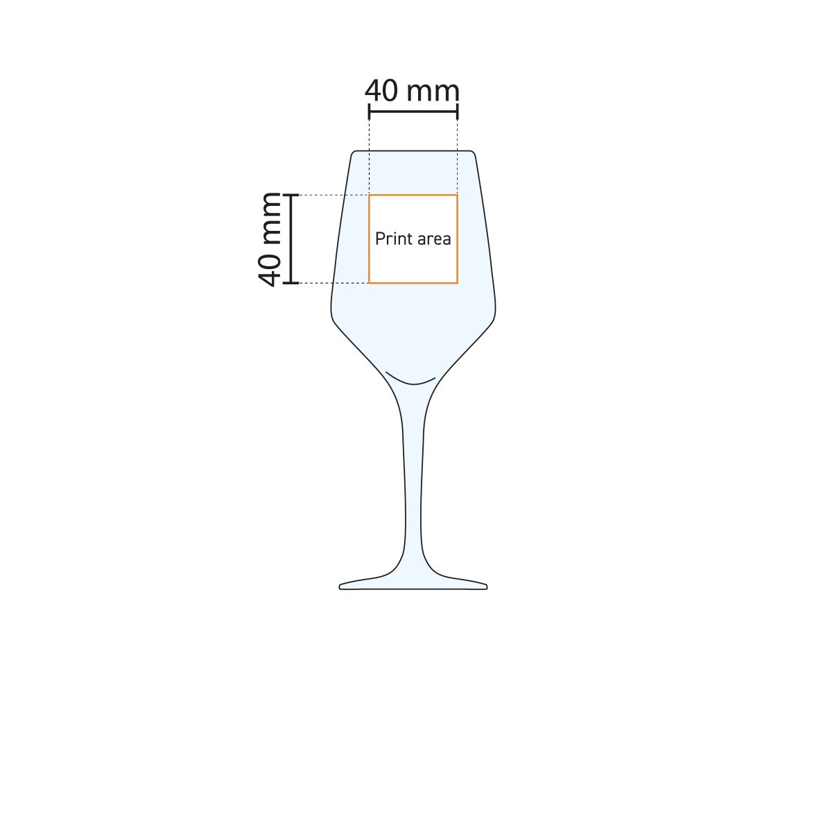 Technische werktekening met aanduiding van het drukgebied op het Mencia wijnglas 25 cl.