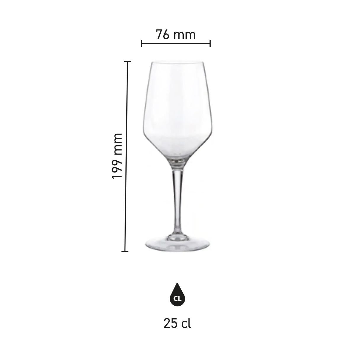 Infographic toont de exacte afmetingen van het Mencia wijnglas 25 cl. in millimeters.