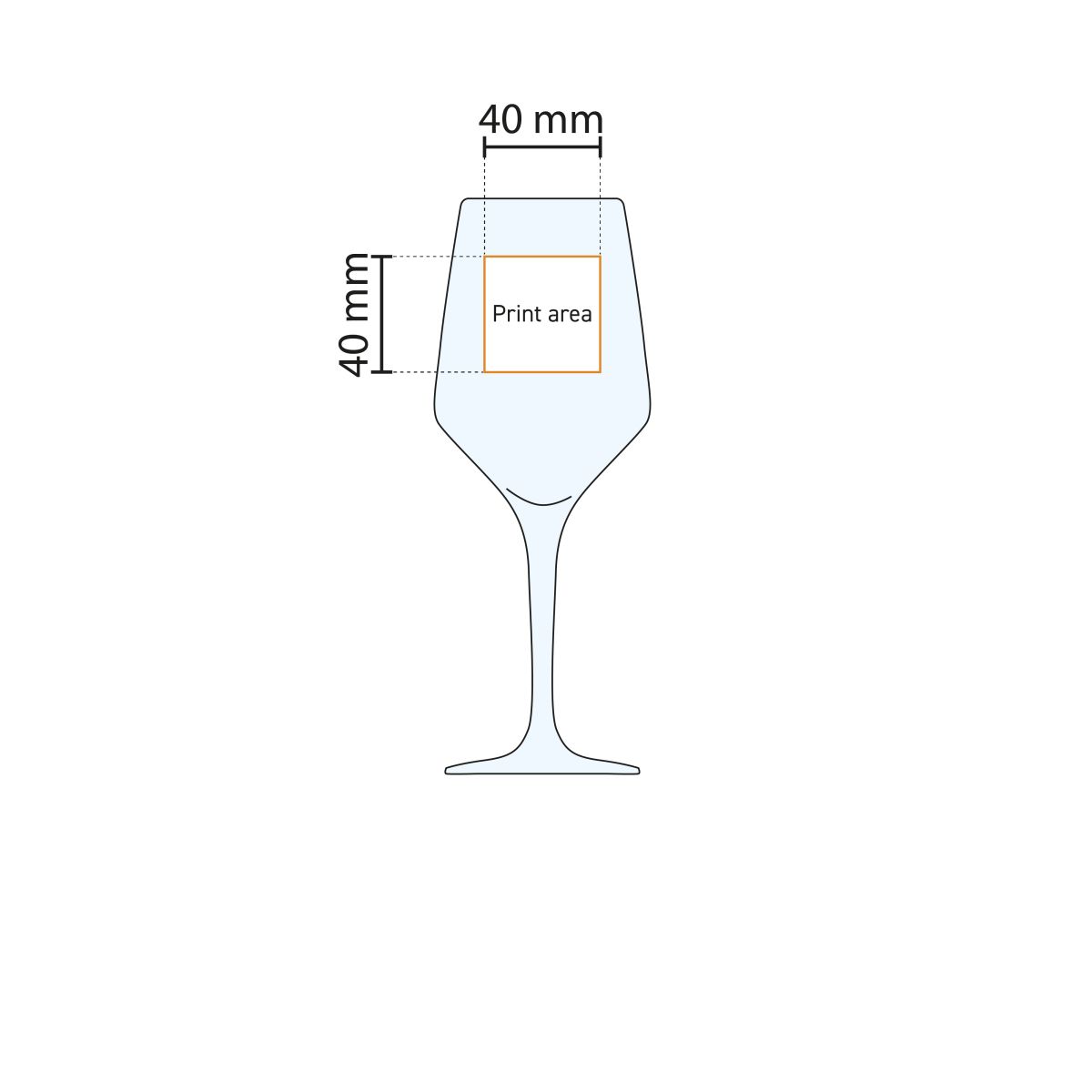 Drukgebied van het Mencia wijnglas 31 cl. aangeduid in een technische werktekening.