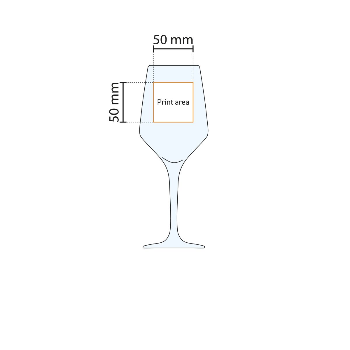 Technische werktekening met aanduiding van het drukgebied op het Mencia 58 cl. glas.