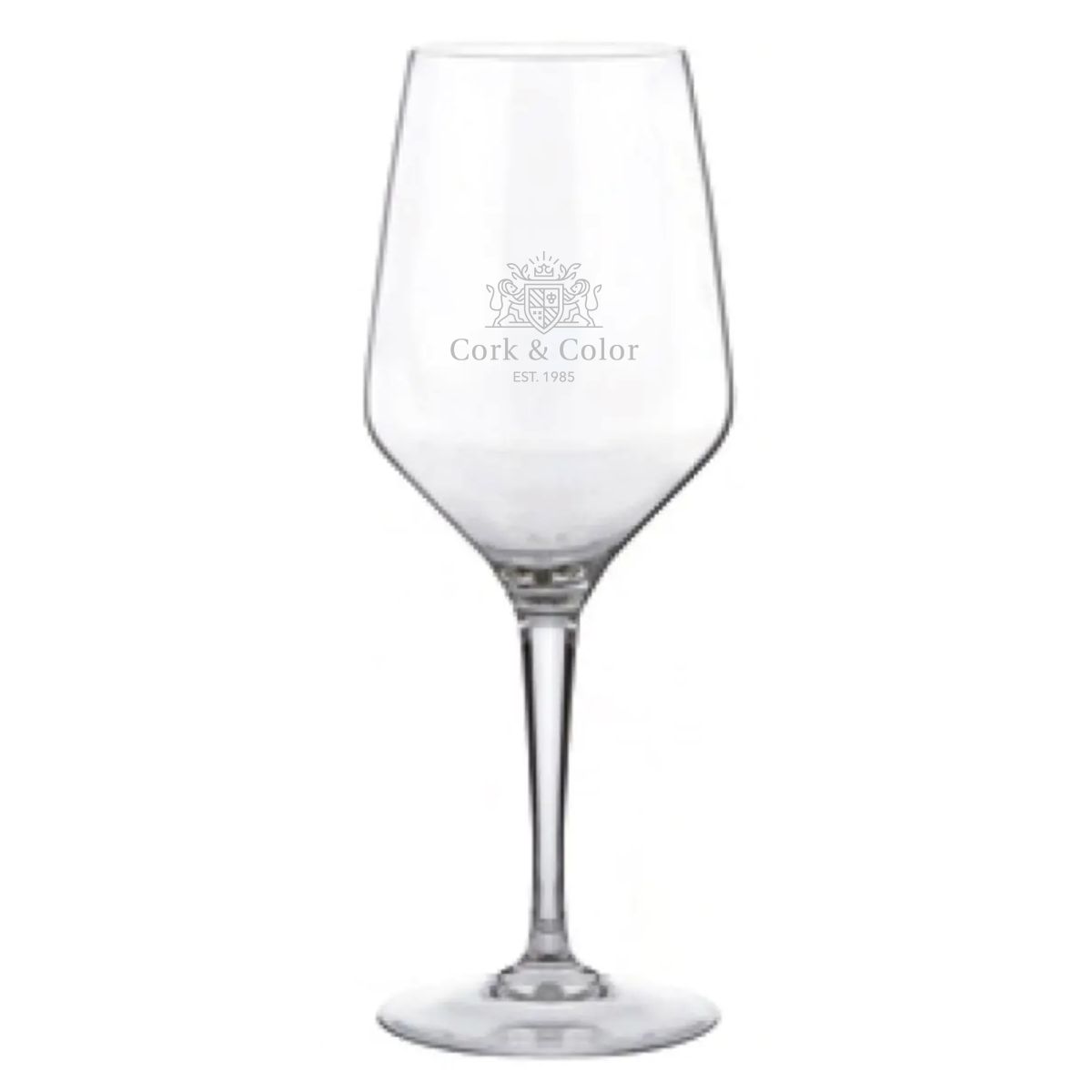 Voorzijde van het Mencia 58 cl. wijnglas met gegraveerd CorkColor-logo zichtbaar.