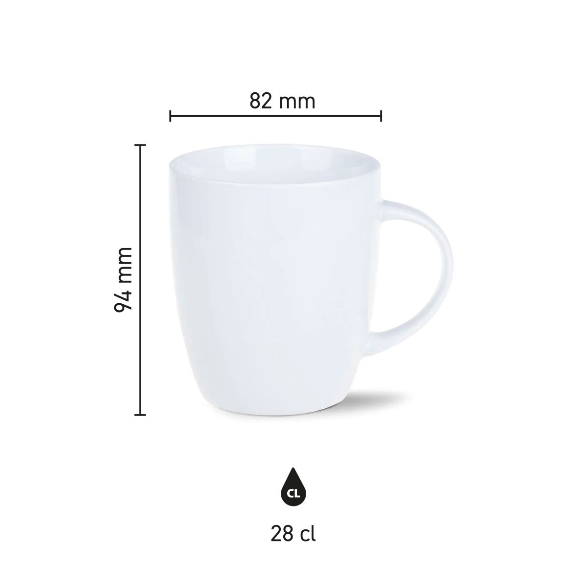 Infographic met hoogte, diameter en inhoud van de Mini Specta mok 28 cl. in duidelijke schaalweergave.