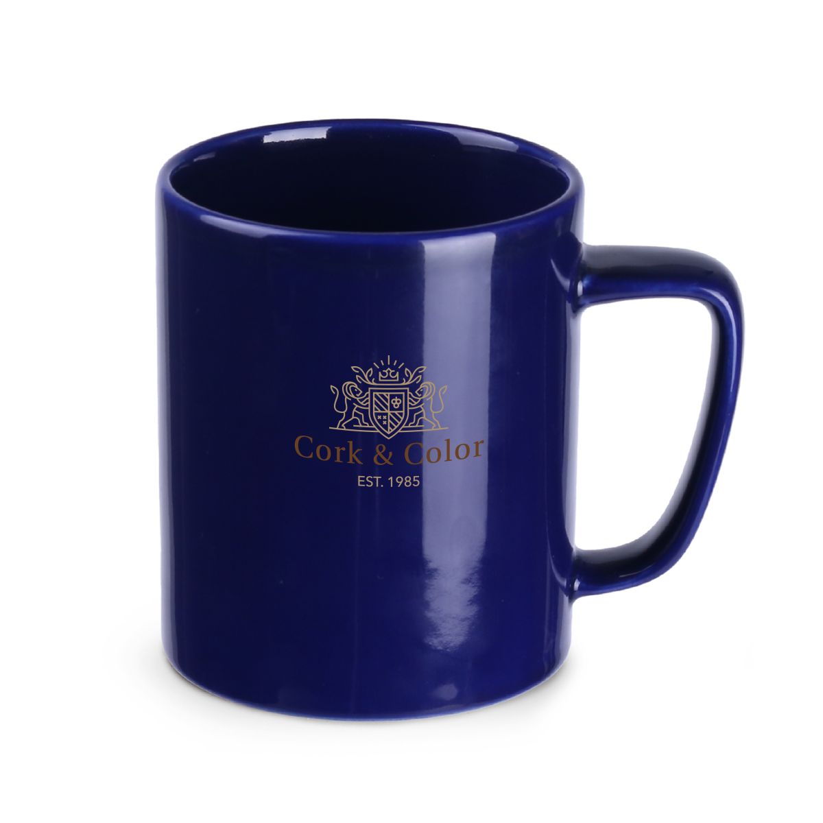 Voorzijde van mok met meerkleurige CorkColor-logo-opdruk op keramisch oppervlak.