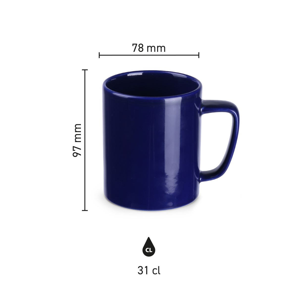 Infographic toont gedetailleerde afmetingen van Mok Tommy Classic 31 cl keramiek.