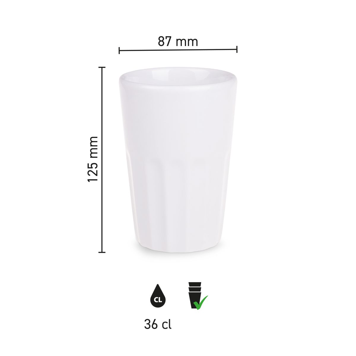Infographic van Noble beker 36 cl. porselein met duidelijke productafmetingen en inhoud.