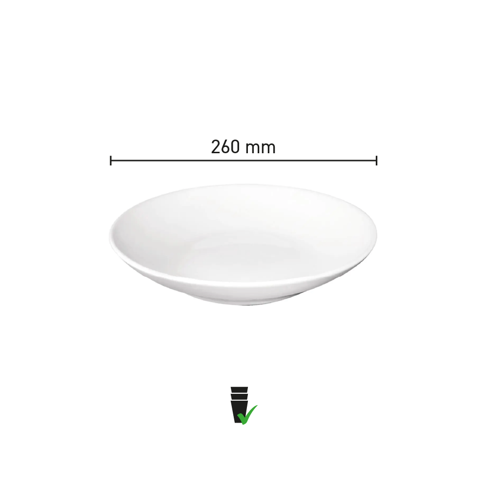Infographic toont de diameter van wit porseleinen Hotel pastabord 26 cm.