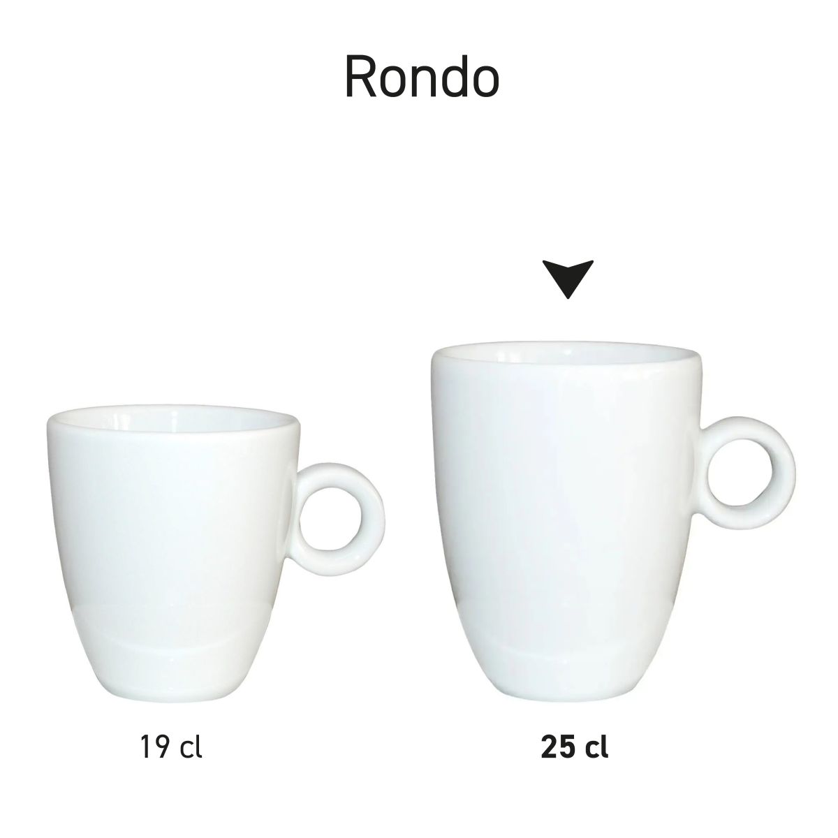 Rondo mokken van porselein gepresenteerd in serie met identieke vorm en verschillende inhoudsmaten.