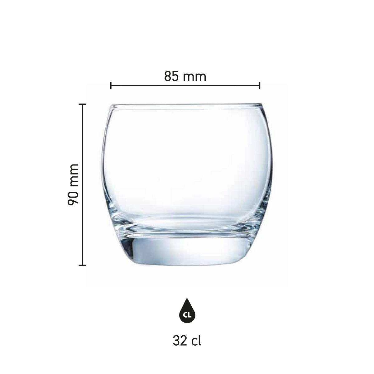 Infographic met productafmetingen van Salto Tumbler 32 cl glas inclusief hoogte en diameter.