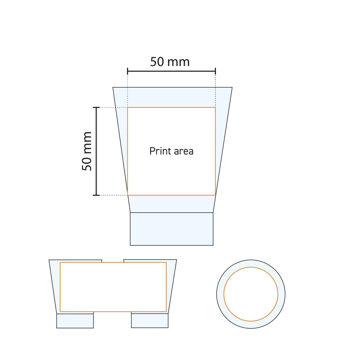 Technische werktekening met aanduiding van het drukgebied op het Shetland 15 cl. glas.