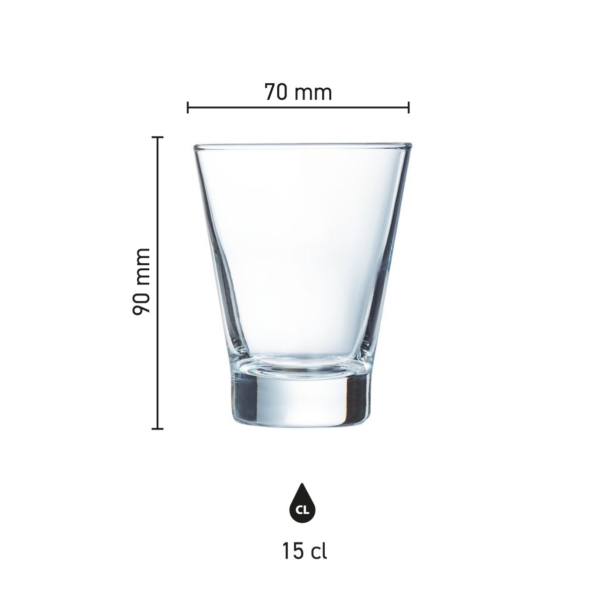 Infographic met nauwkeurige afmetingen van het Shetland 15 cl. glas in millimeters.