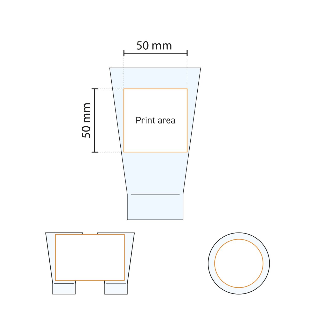 Technische werktekening met aanduiding van het drukgebied op het Shetland 22 cl. glas.