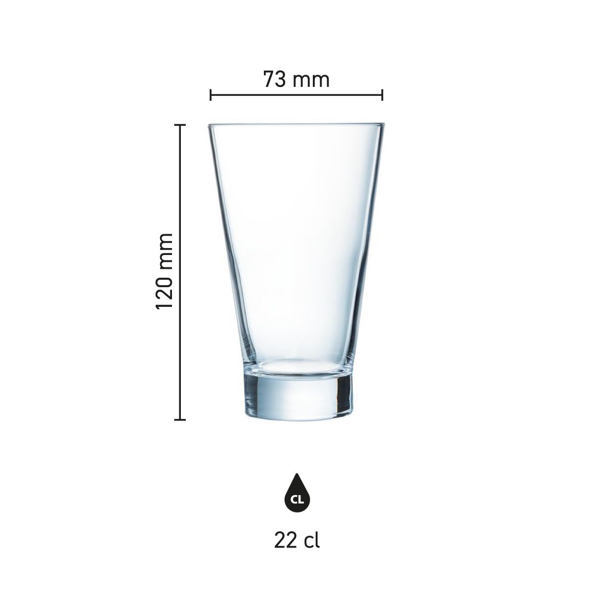 Infographic toont de precieze afmetingen van het Shetland 22 cl. glas in millimeters.