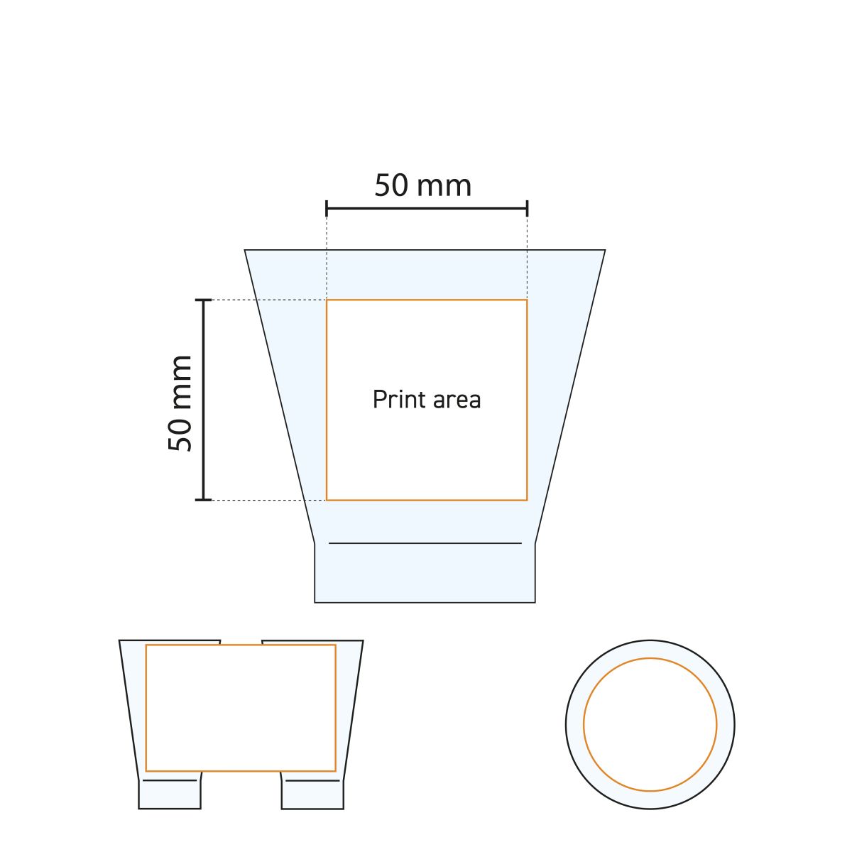 Drukgebied van het Shetland 25 cl. glas weergegeven in een technische werktekening.