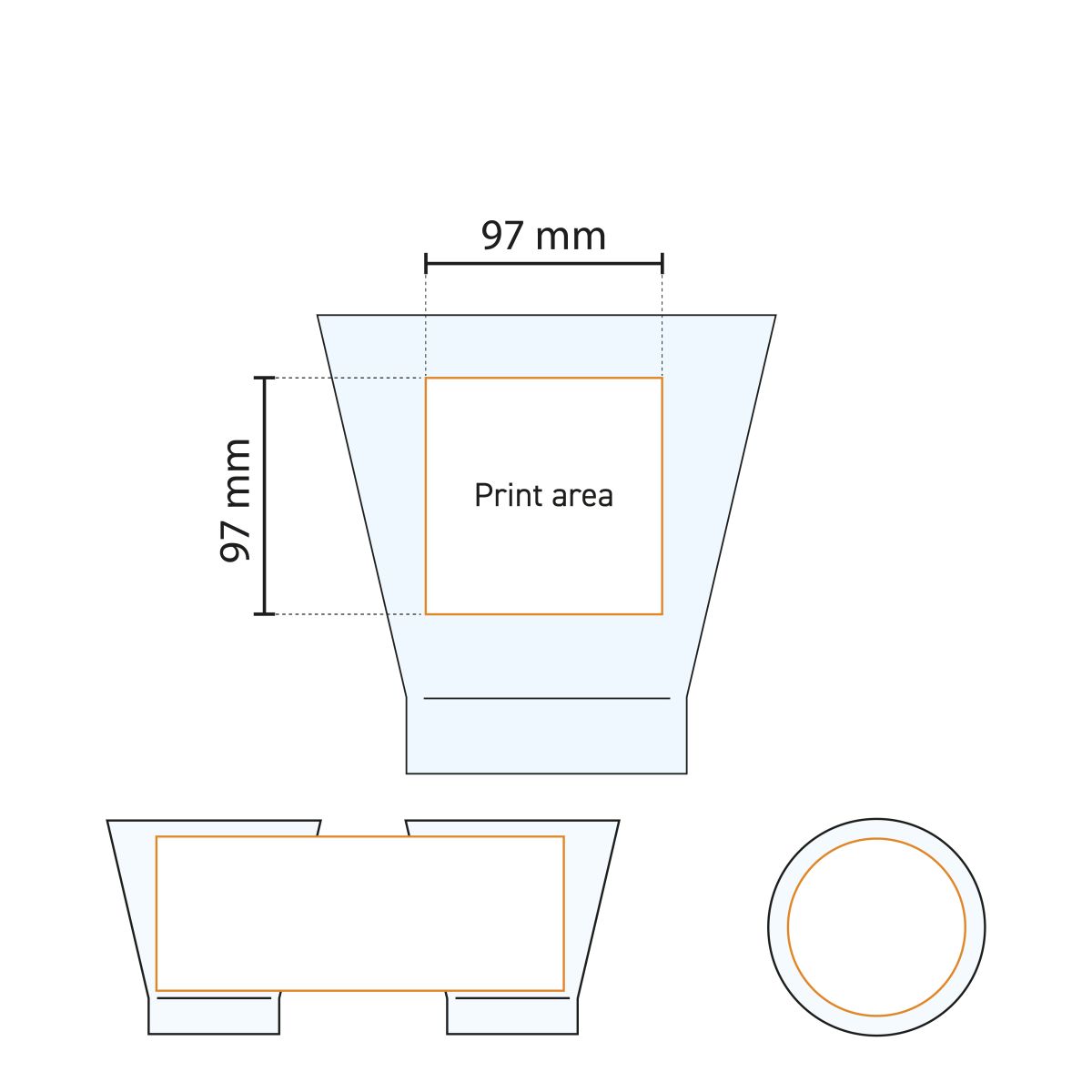 Drukgebied op het Shetland 32 cl. glas weergegeven in een technische werktekening.