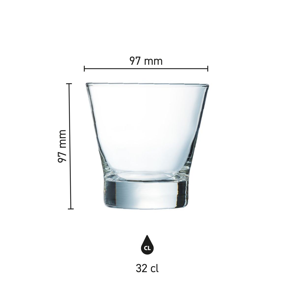 Infographic toont de afmetingen van het Shetland 32 cl. glas in millimeters.