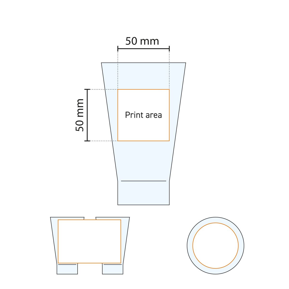 Drukgebied van het Shetland 35 cl. glas aangegeven op een technische werktekening.