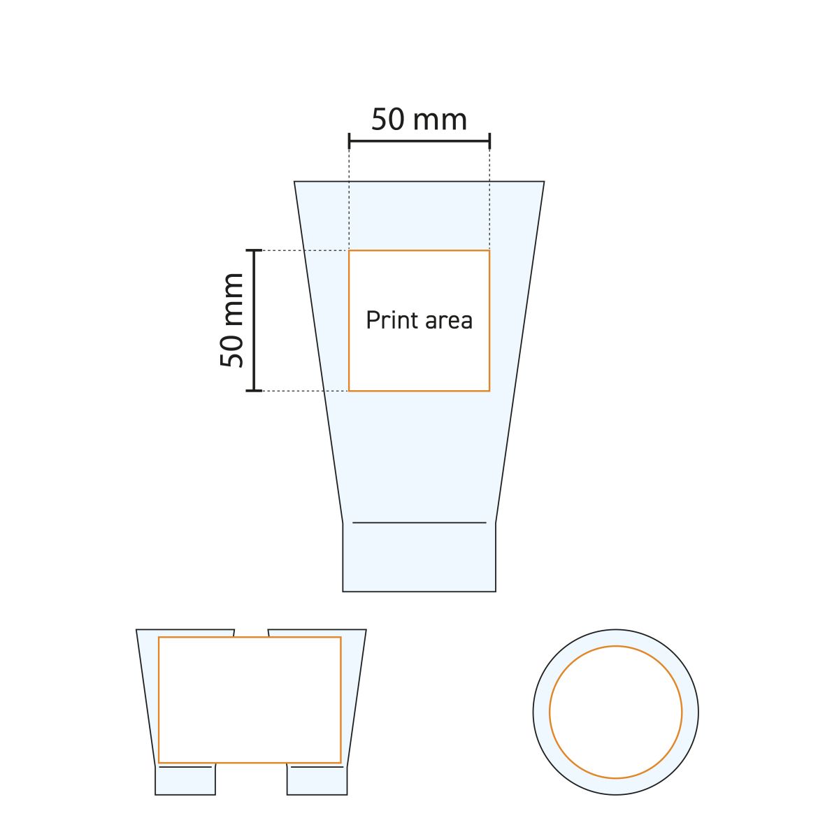 Technische werktekening met aanduiding van het drukgebied op het Shetland 42 cl. glas.