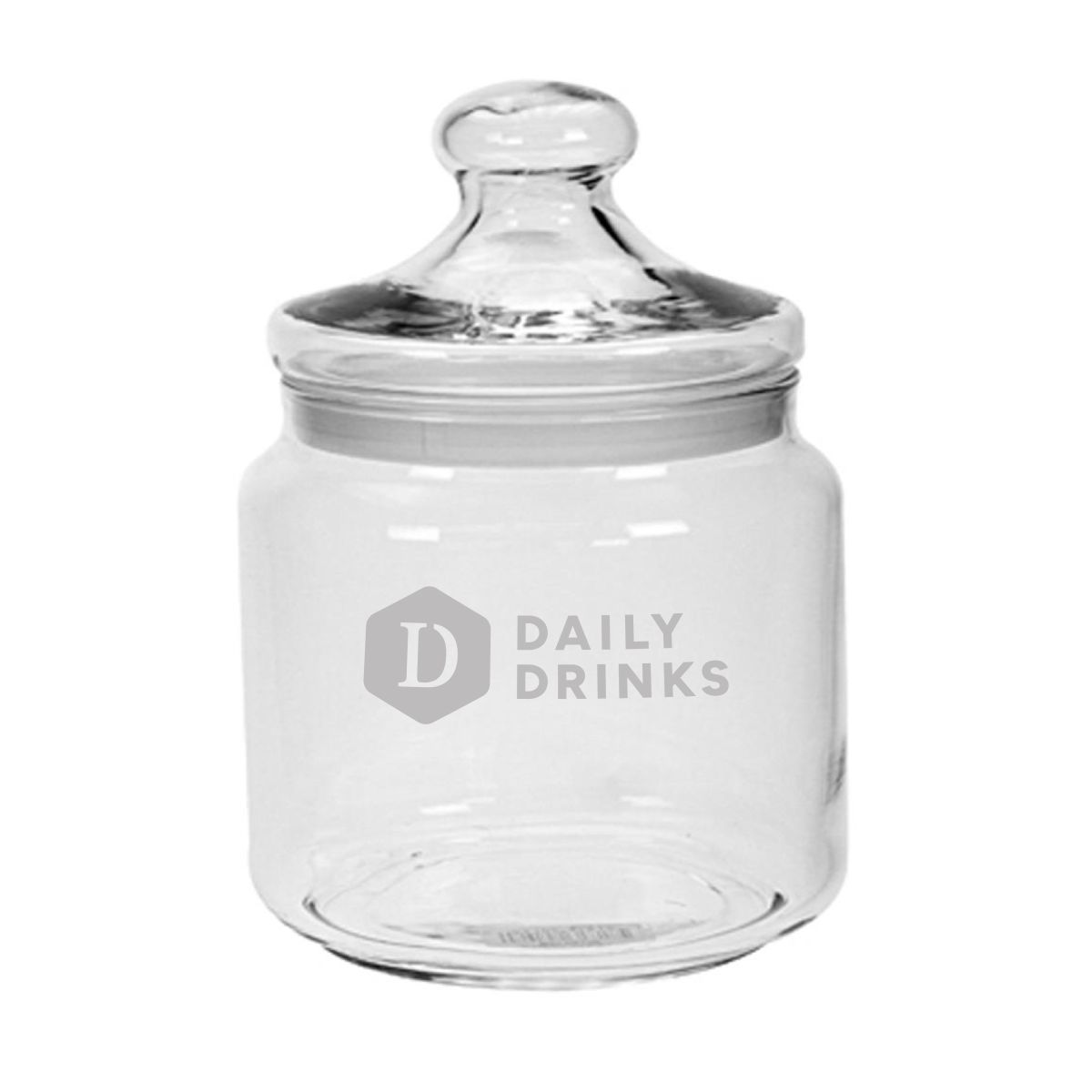 Glazen snoeppot met inhoud van 1,5 liter, voorzien van gravurelogo van DailyDrinks op de voorkant.