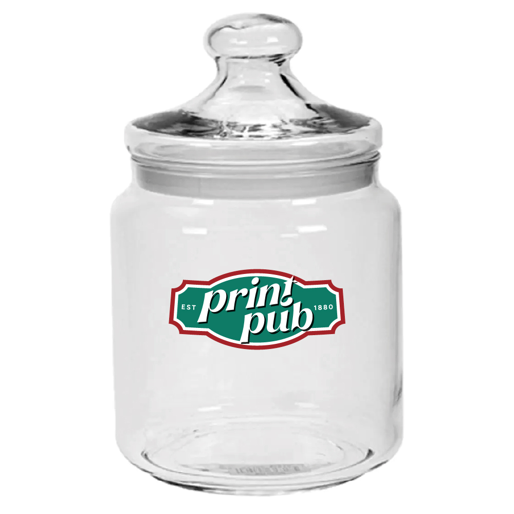 Glazen Big Club snoeppot 2,0 liter met meerkleurig PrintPub-logo aan de voorzijde.
