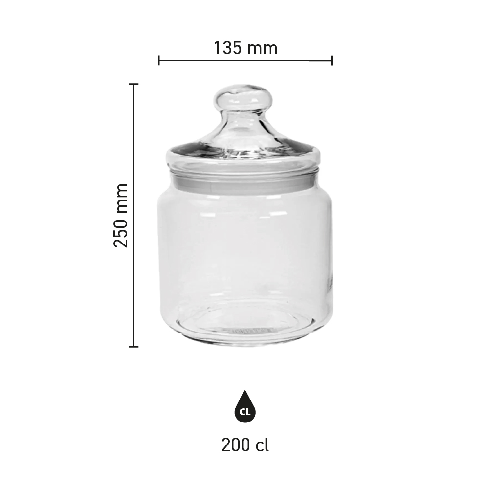 Afbeelding met maatvoering van glazen snoeppot Big Club 2,0 liter toont hoogte en diameter.