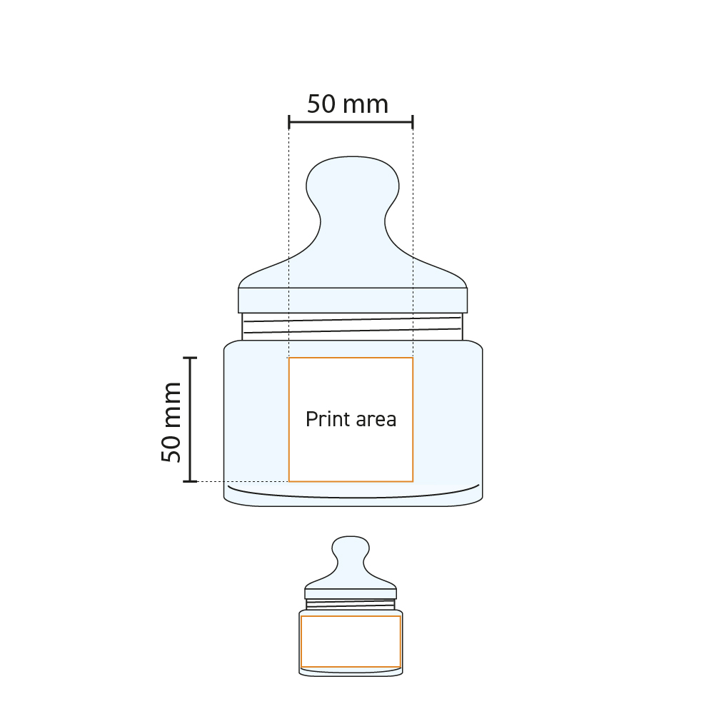 Technische werktekening met gemarkeerd drukvlak op Club snoeppot 0,50 liter van glas.