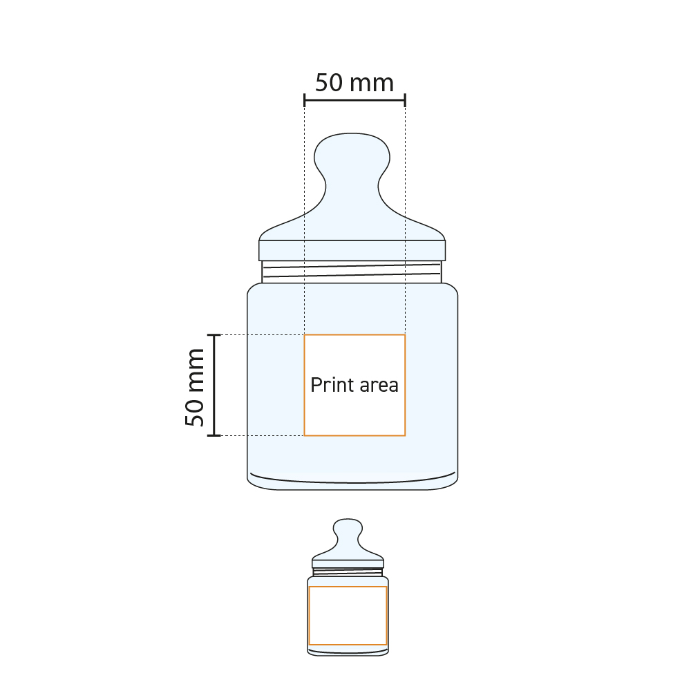Technische tekening geeft drukgebied aan voor logo op Club snoeppot 0,75 liter glas.