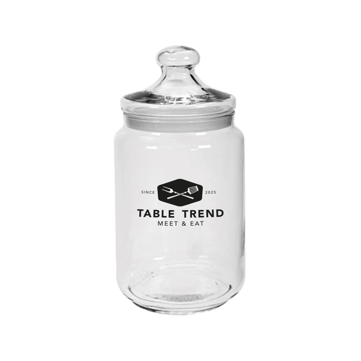 Glazen Club snoeppot 1,00 liter met TableTrend-logo in één kleur op de voorzijde bedrukt.
