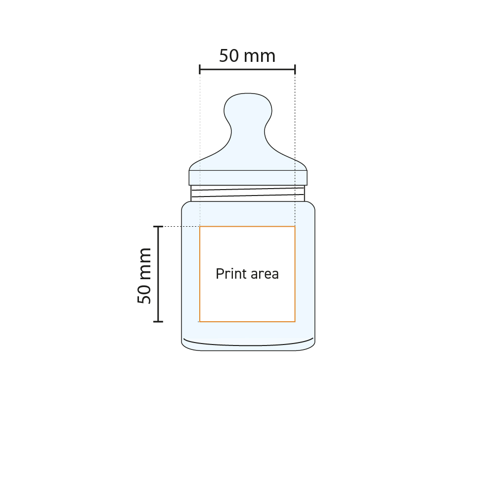 Technische werktekening met aangeduid drukgebied voor logo op Club smal snoeppot 0,28 liter.