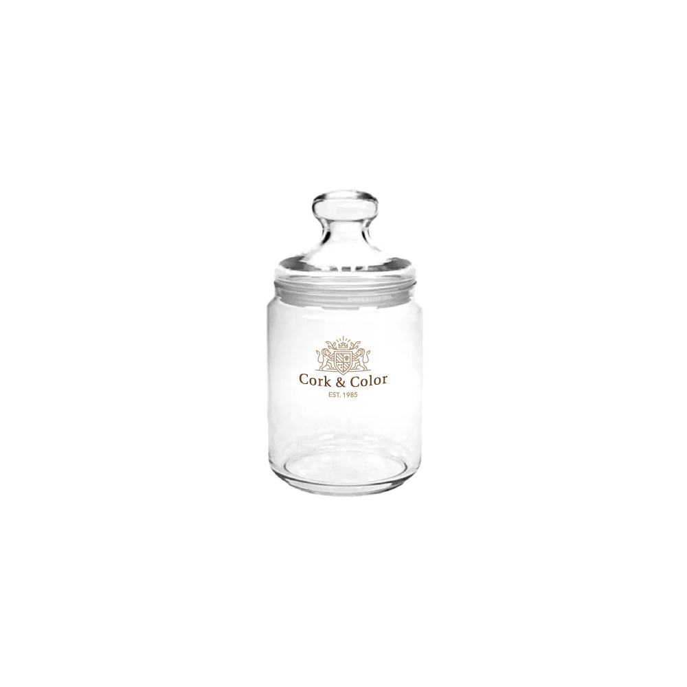 Glazen snoeppot Club smal 0,28 liter met meerkleurig CorkColor-logo op het glasoppervlak.