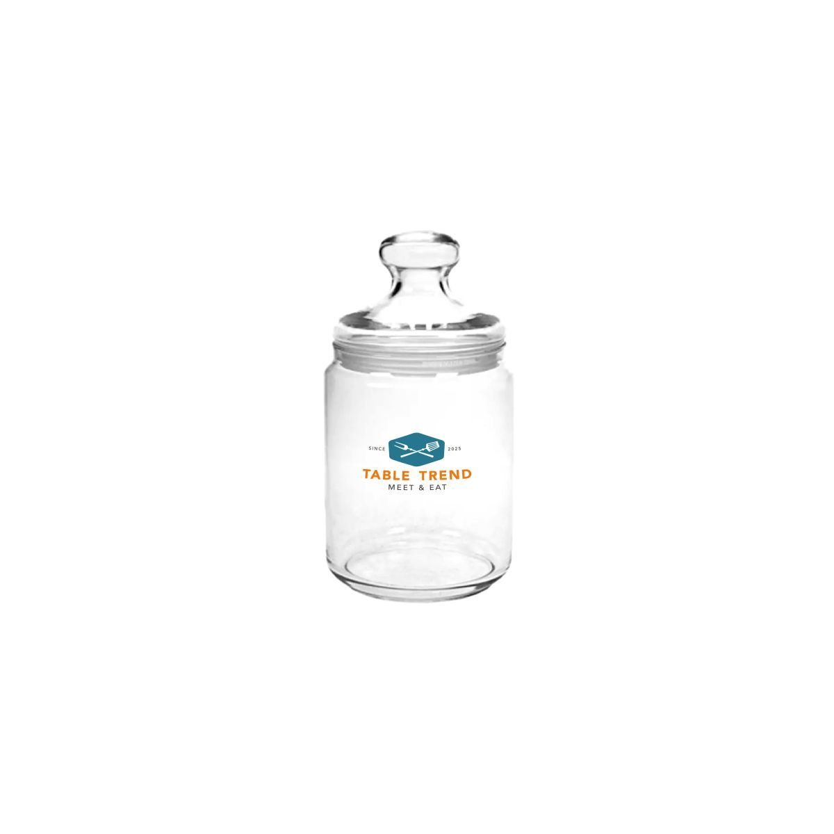 Glazen snoeppot Club smal 0,28 liter met meerkleurig TableTrend logo op het glasoppervlak.