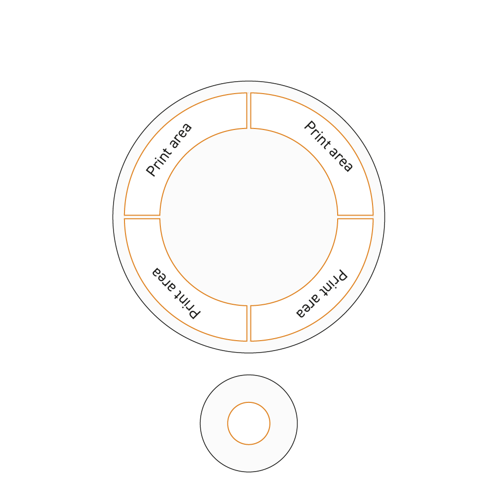 Technische werktekening van drukgebied op wit soepbord Hotel porselein met diameter 23 cm.