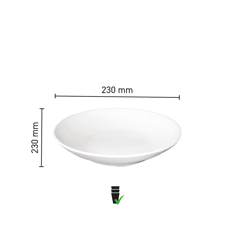 Afmetingen van het 23 cm Hotel soepbord in witte porselein visueel weergegeven in infographic.