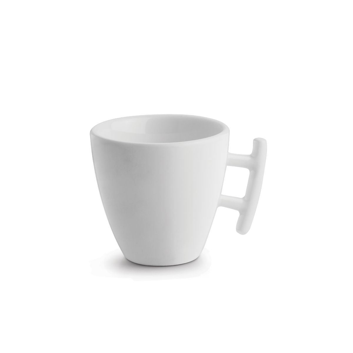 Witte Squito espressokop 8 cl van porselein in vooraanzicht met compact model en rond oor.