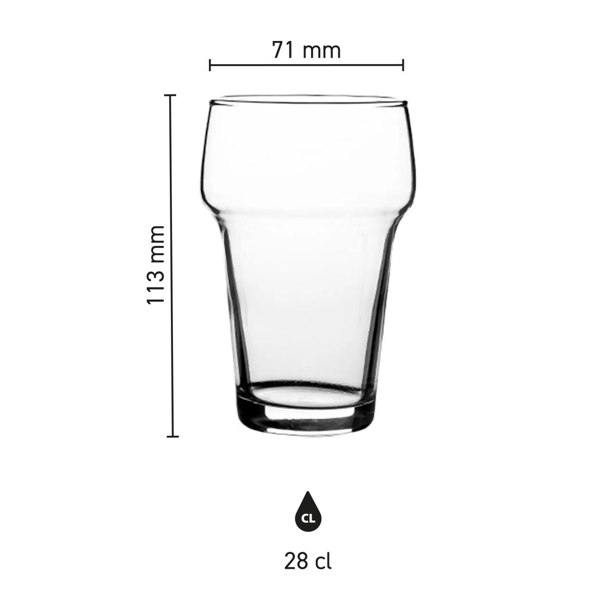 Technische infographic van het Stapelglas Groot 28 cl. met hoogte en diameter aangegeven.