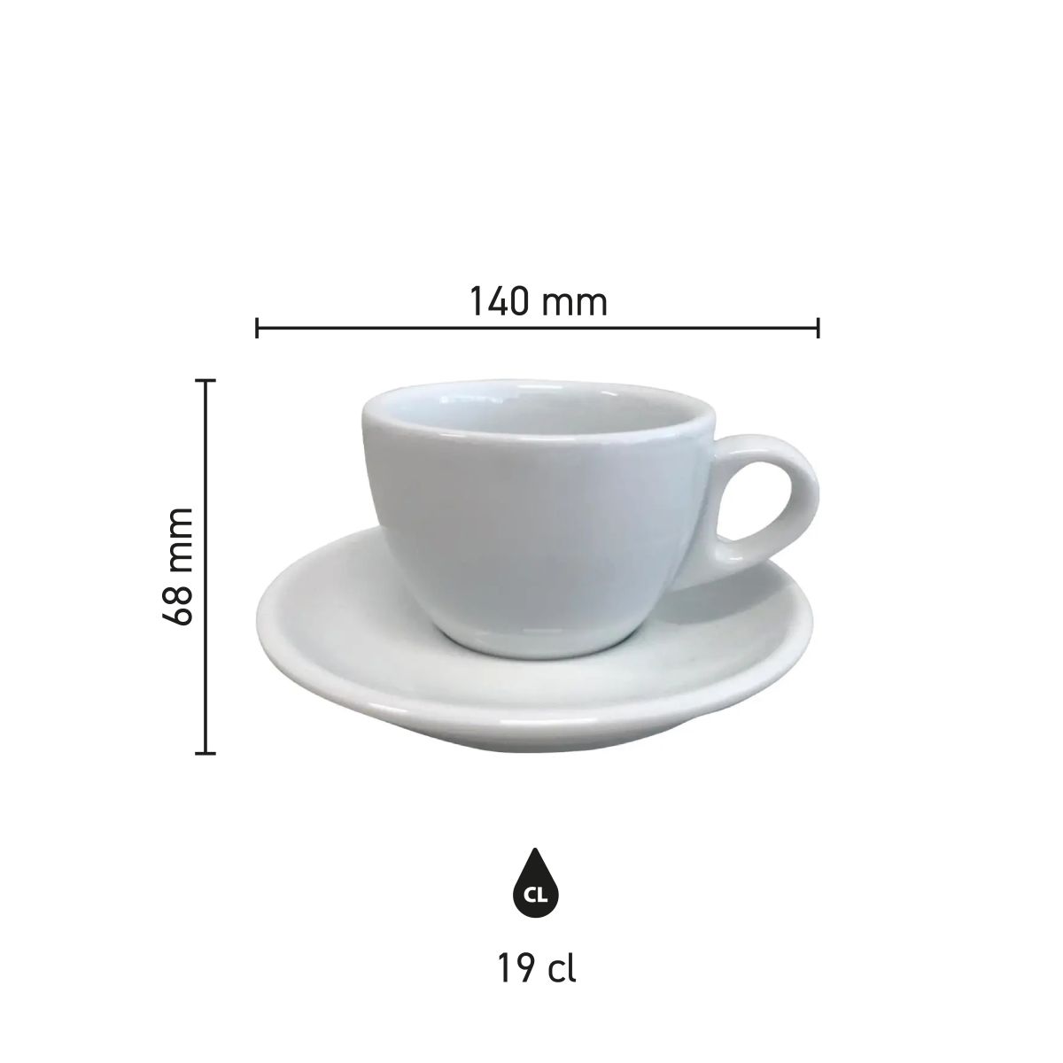 Infographic met afmetingen van Style Cappuccino 19 cl SET porselein, inclusief diameter en hoogte.