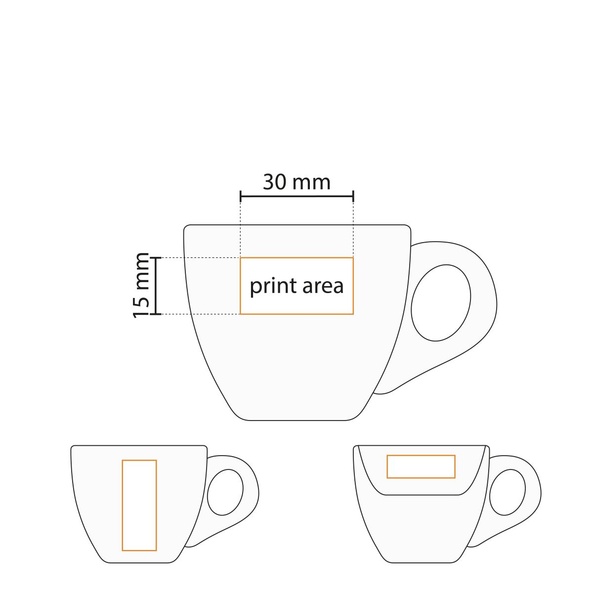 Technische werktekening van 7 cl. porseleinen espressoset met aanduiding drukgebied.