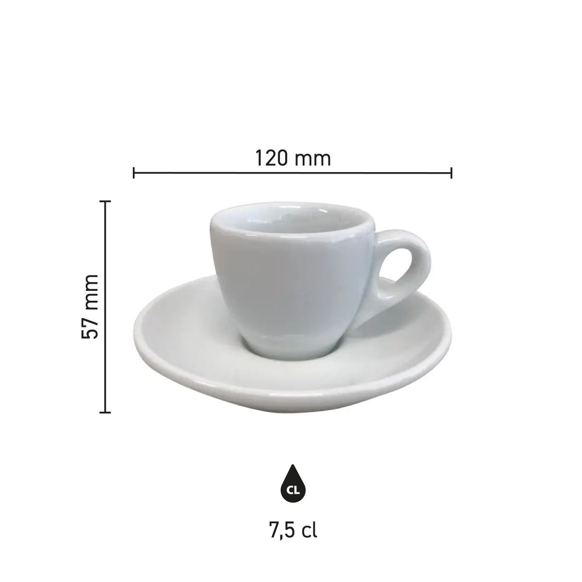 Infographic toont diameter en hoogte van porseleinen espresso set 7 cl.