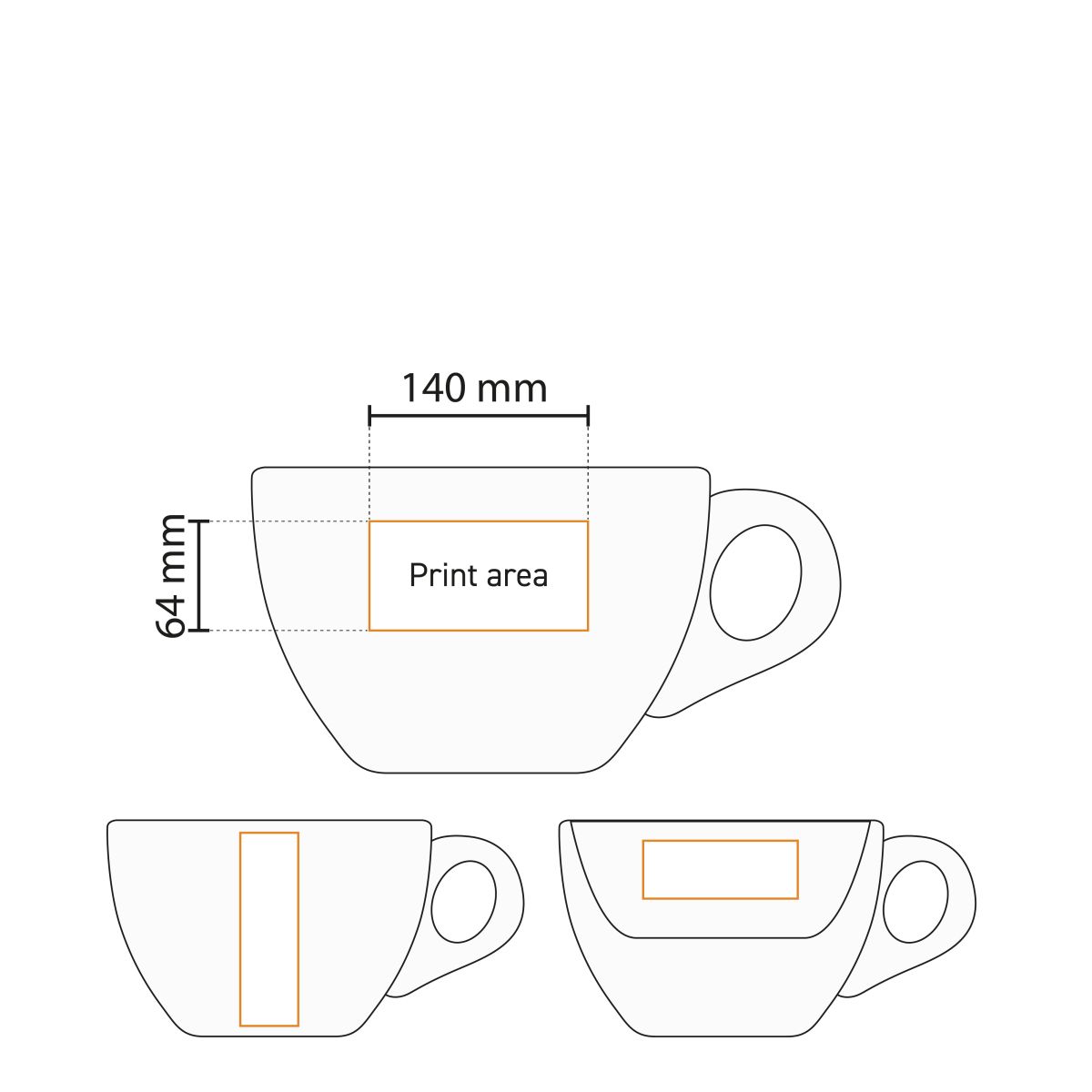 Technische werktekening toont drukgebied op koffiekop 15 cl. porselein voor logoplaatsing.
