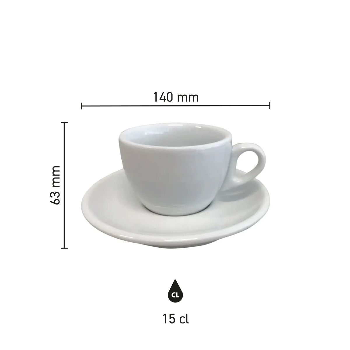 Infographic met afmetingen van porseleinen koffiekop en schotel, 15 cl. inhoud.