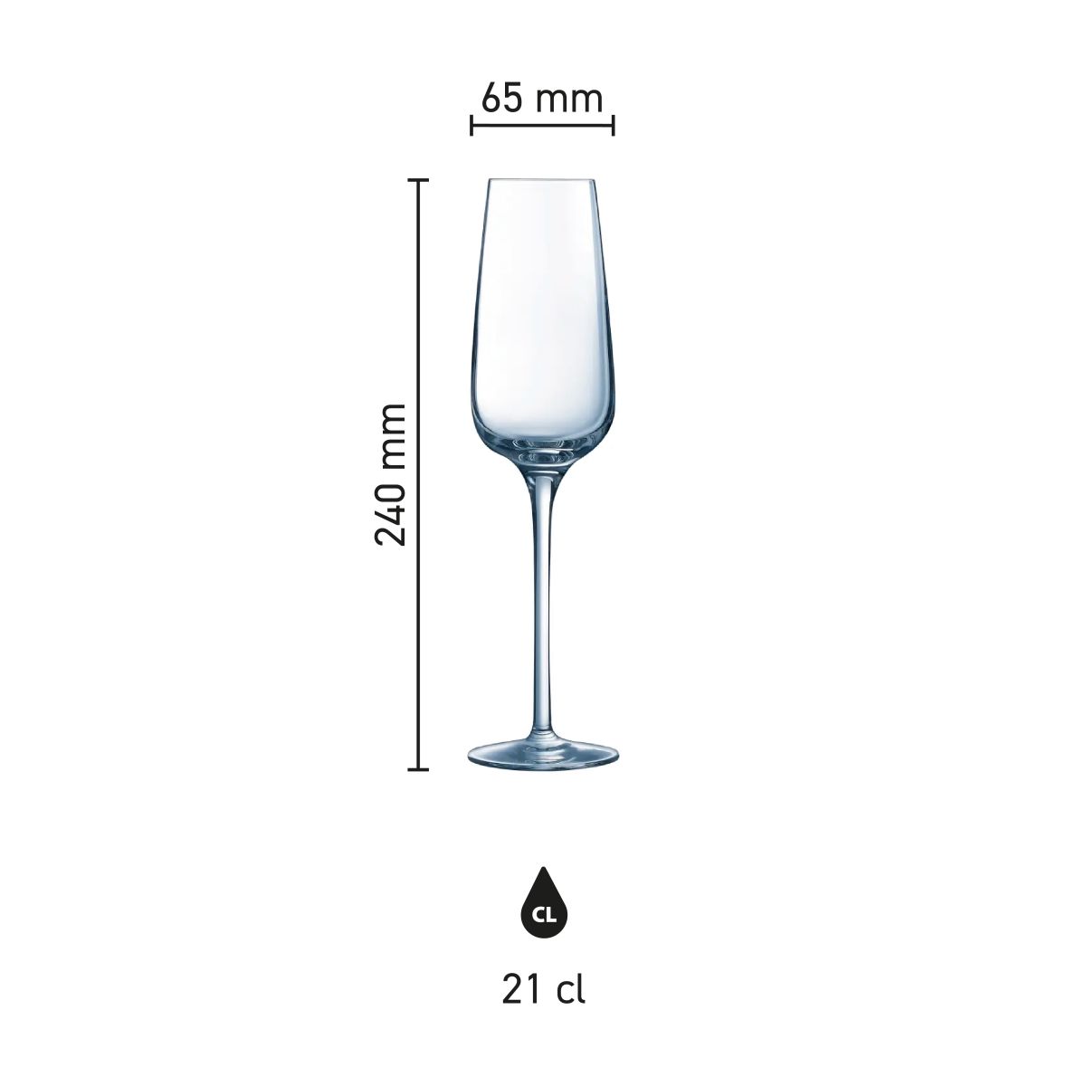Infographic met productafmetingen van het Sublym champagneglas 21 cl, inclusief hoogte en diameter.