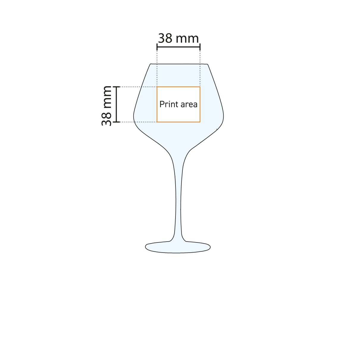Technische werktekening van het Sublym gin-tonicglas 60 cl. met markering van het drukgebied.