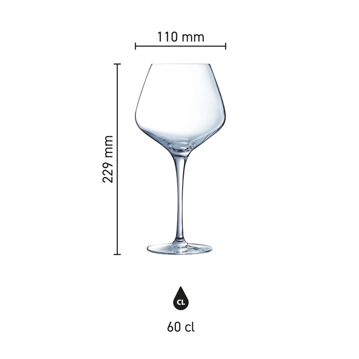 Infographic met productafmetingen van het Sublym gin-tonicglas 60 cl, met hoogte en diameter.