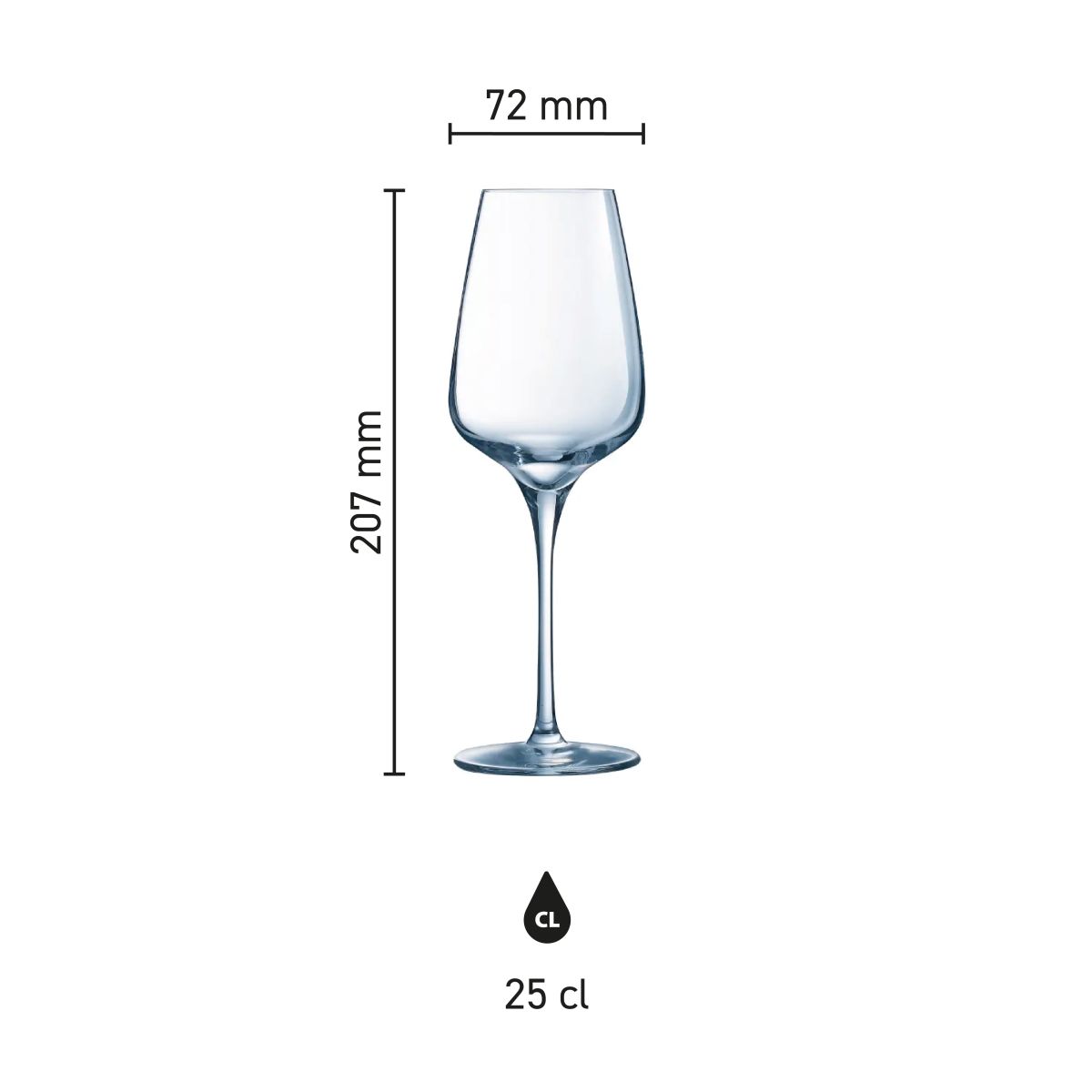 Infographic met productafmetingen van het Sublym wijnglas 25 cl. met hoogte en diameter.